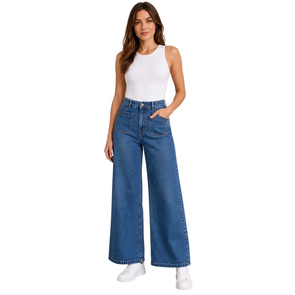 Oraije Paris Wide Leg High Rise Denim Jeans Medium Wash Patch Pockets 38 M 4